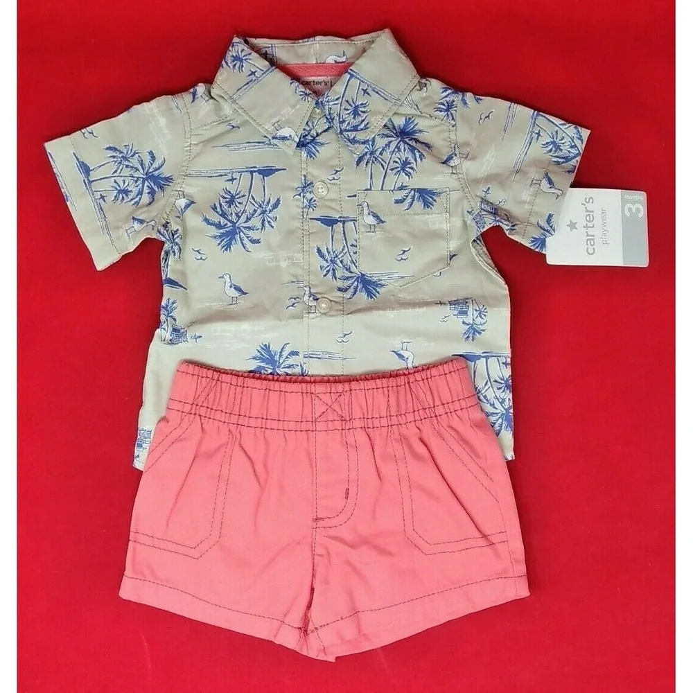 Carter's Boy's 2-Piece Shorts Shirt Set Palm Trees Size 3 Months Pink Green NEW